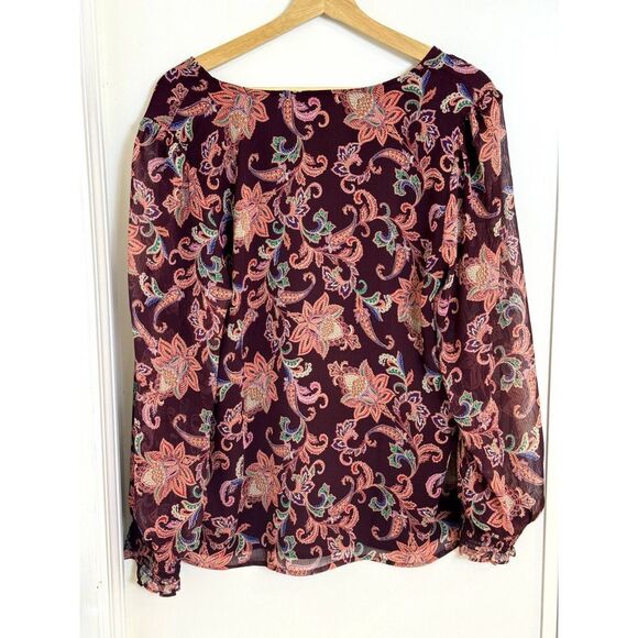 NWT LOFT Long Sleeve Maroon Floral Design Blouse Paisley Ruched Sleeves Sz L - Picture 2 of 7